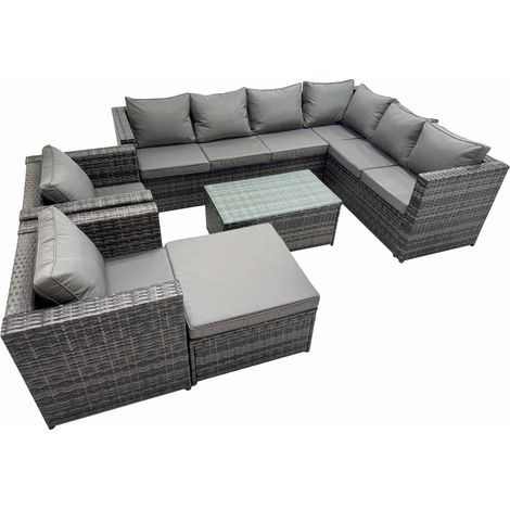 Fimous Patio Sofa Oblong Coffee Table Set Rattan Garden Furniture Set with 2 Chairs Big Stool Dark Grey Mixed (1/5)