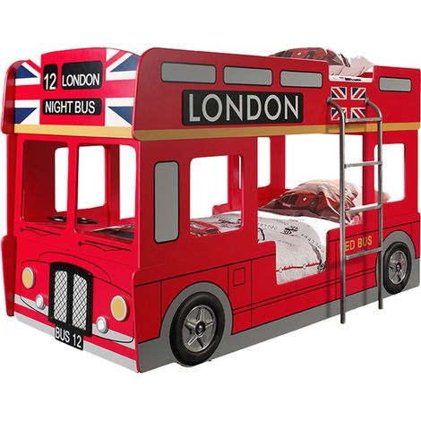 M&S – Lit superposé bus londonien 90x200 cm – MDF rouge – Éclairage LED intégré – Gain de place pour chambre d'enfant (1/3)