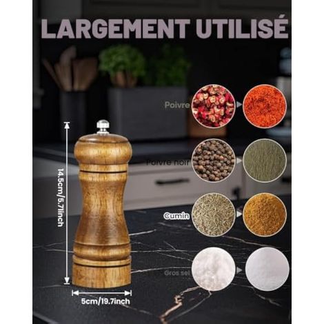 Moulin a Poivre, Réglable Manuellement Moulin Poivre et Sel, Moulin a Poivre Bois, Salieres et Poivrieres Bois, Il est Utilisé pour Broyer les Piments, le Gros Sel, le Cumin, les Graines de Sésame (1/4)