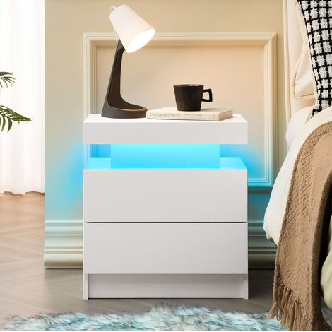 Table de chevet LED blanche en bois d'ingénierie avec 2 tiroirs et rangement ouvert (1/5)