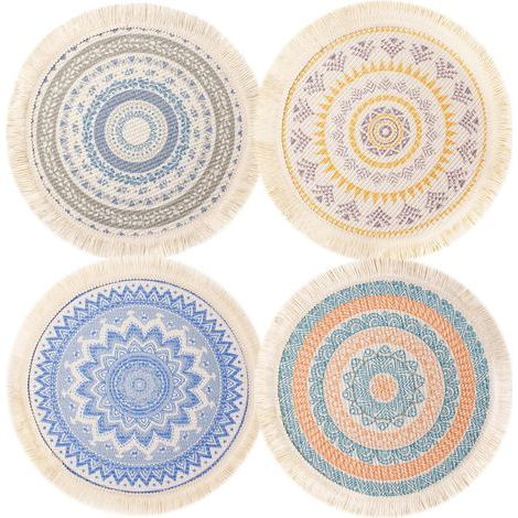 Set aus 4 runden, geflochtenen Platzsets, waschbar, hitzebeständig, rutschfest, aus Baumwoll-Polyester, mit Bohème-Mustern, zur Dekoration von Esstischen, Küchen, Partys und Familienmahlzeiten. (1/5)