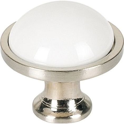 Bouton porcelaine rond - Diamètre : 35 mm - Hauteur : 30 mm - Décor : Blanc / Nickelé - Matériau : Porcelaine / Zamac - MERIGOUS
