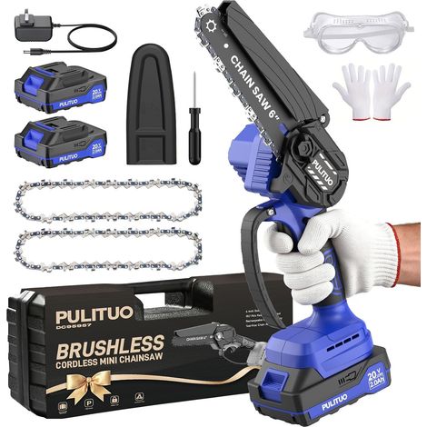 Mini Tronçonneuse à Batterie 6 Pouces avec 2 x 2000mAh Batteries, Scie Électrique Sans Fil à Moteur Sans Balais avec Coffret et 2 Chaînes, pour Élagage, Jardin et Coupe du Bois (1/5)
