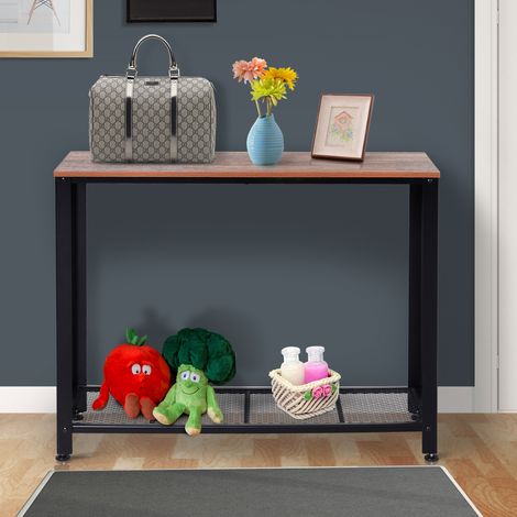 Consolle industriale, tavolino d'ingresso con ripiano inferiore in rete metallica, portata 30 kg, 101x35x80 cm, marrone e nero (1/5)