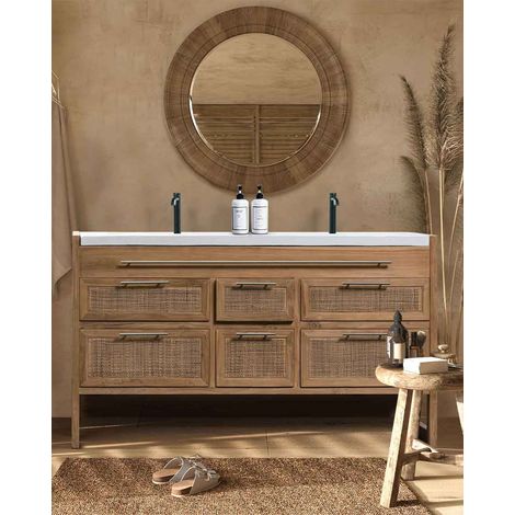 Meuble de salle de bain en teck massif et terrazzo beige 145 cm – 6 tiroirs – Résistant à l'humidité et aux parasites – Style moderne (1/5)