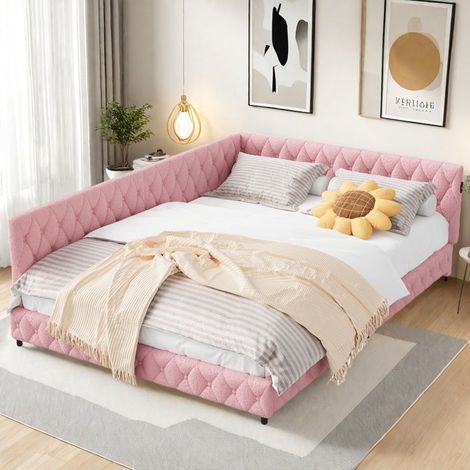 Doppelbett 140x200 cm - TANANT - Gepolstertes Bett - LED 16 Farben - Integrierter USB-Anschluss - Rosa Stoff