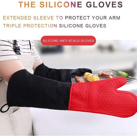 Professionelle Silikon-Küchenhandschuhe, extra lange und hitzebeständige Grillhandschuhe mit Baumwollpolsterung innen.