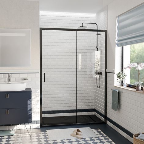 Ceramia Porta scorrevole anticalcare PURA 140x195 cm con profili neri opachi (CERAHP140B)