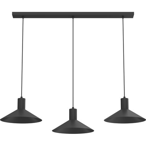 Suspension barre 3 spots GU10 noire en métal, abat-jours coniques aplatis Luminex Nox (1/2)