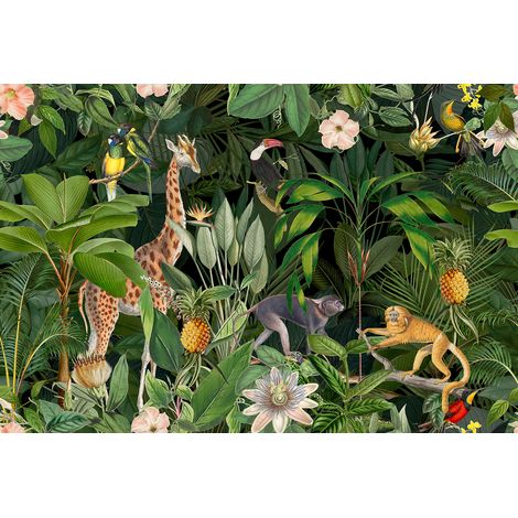 Papier peint panoramique jungle vert fleuri Tapisserie panoramique tropicale avec animaux Papier peint panoramique exotique pour salle de bain (1/2)