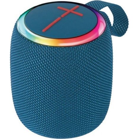 Enceinte Bluetooth portable bleue, avec effets lumineux RGB et son stéréo à 360°. Idéale pour le camping, les fêtes et la maison. (1/3)