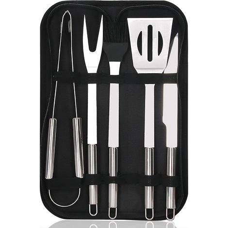 Ensemble de barbecue d'extérieur en acier inoxydable de 5 pièces, comprenant un couteau, une fourchette, une spatule, une brosse et des pinces (1/5)