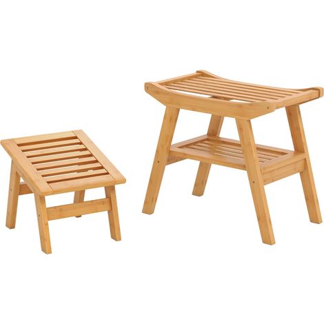 Panchina da doccia con poggiapiedi ergonomico 52 x 29 x 44 cm e mensola portaoggetti in stile naturale di bambù 200010537