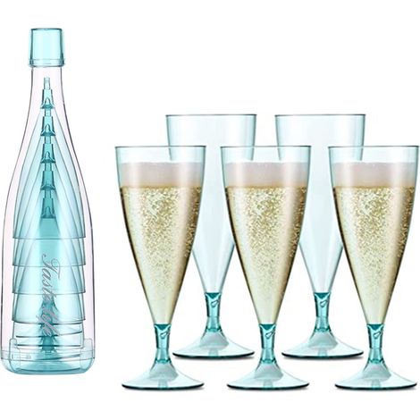 Lot de 5 verres à vin en plastique pour camping, champagne - Sans tige - Avec bouteille de rangement et bac d'égouttement - Empilables et amovibles pour toutes les occasions - Bleu (1/5)