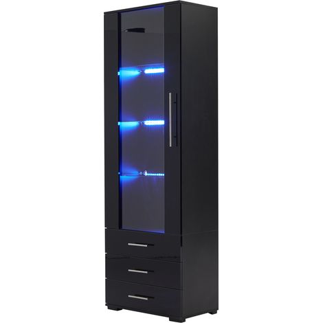 Vitrine haute noire brillante en MDF 60 x 35 x 180 cm avec LED et 3 tiroirs (1/5)