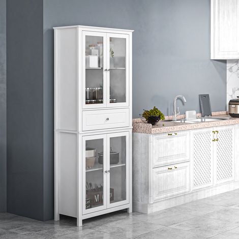 Alacena de Cocina Mueble Vitrina con 4 Puertas de Vidrio Templado Cajón y Estantes Ajustables 74x35,5x181,5 cm Blanco (1/5)