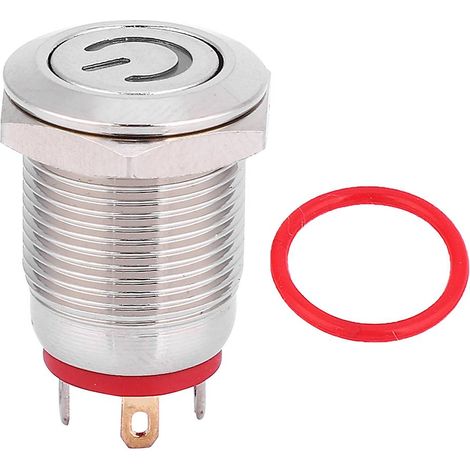Interrupteur à bouton-poussoir métallique déverrouillé de 12 mm avec anneau et LED rouge à réarmement automatique en forme de point d'alimentation, 12 V, étanche, indice de protection IP66 (1/5)