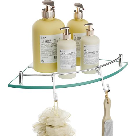 Estante esquinero de vidrio templado con toallero de acero inoxidable pulido, para baño/ducha. (1/5)