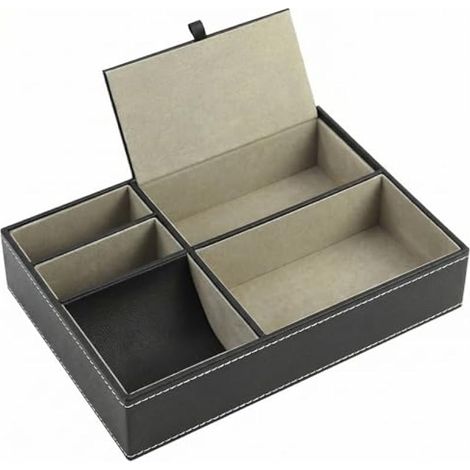 Plateau Vide Poche en Similicuir Noir, 5 Compartiments, Organisateur de Bureau et Chevet - 25,5 18,5 5 cm (1/5)