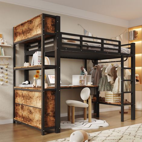 Lit mezzanine enfant 90x200 cm avec bureau, penderie, étagères et rangements, métal et MDF, noir (1/5)