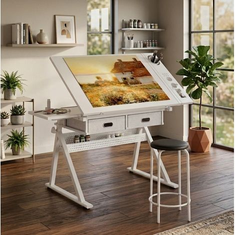 Verstellbarer Zeichentisch 98×60×68–91 cm aus MDF und Metall, Weiß, mit Hocker – MEUBLIV (1/5)