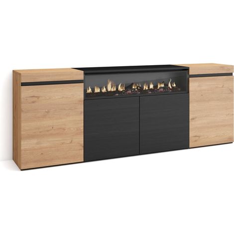 Skraut Home – Buffet moderne 200x75x35cm – Meuble de rangement 4 portes – Cheminée électrique à LED – Chêne noir avec veinage bois (1/5)