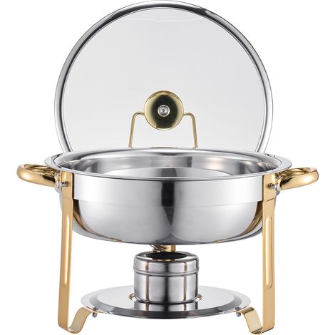 Chauffe-Plat Buffet 5 Qt, 4 Pièces, Acier Inoxydable avec 4 Plats Rectangulaires, Couvercles en Verre, Support Pliable et Porte-Fuel, pour Mariage et Réception, Doré (1/5)