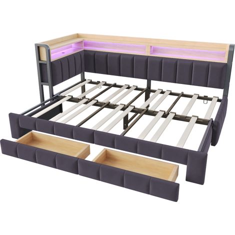 Cama diván extensible 90x200 cm en terciopelo gris oscuro con almacenaje y LED (1/5)
