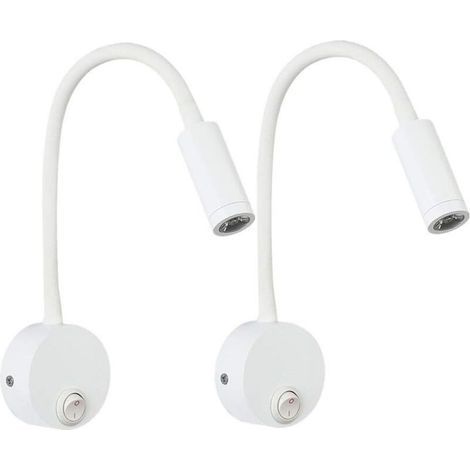 2 Pieces White 3W Wall Reading Lamp, Flexible Adjustable Neck Aluminum Wall Sconce Desk Lamp, Bedside Lamp with LED Switch, Eye Care, Recessed Wiring (1/4)