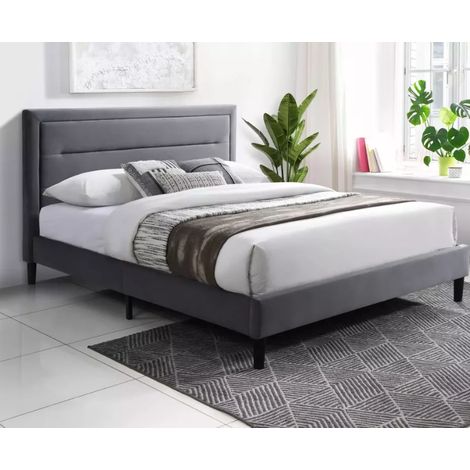 Lit gris 160x200 avec tête de lit matelassée et sommier en lattes bois – MORICE