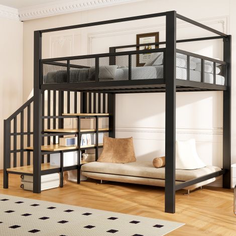 Letto a soppalco in metallo 140×200 cm con baldacchino, scaletta di sicurezza, piano di lavoro sotto il letto, gradini contenitore, letto a soppalco singolo per camera da letto, nero (1/5)