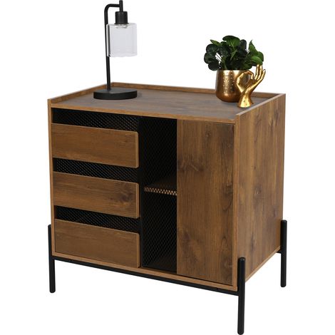 Commode 3 tiroirs 1 porte 80x40x75 cm décor bois et métal - OLI