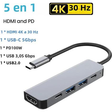 Station d'accueil USB-C 5 en 1 pour ordinateur portable 4K 30 Hz PD100W, adaptateur répartiteur USB-C 3.1 vers HDMI pour MacBook, iPad et Huawei, hub USB 3.0 en aluminium (1/5)