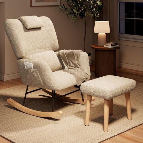 Mecedora de lactancia con reposapiés - 75x75x92,5cm - adulto salón y dormitorio - tejido borreguito efecto lana de oveja estilo escandinavo - beige