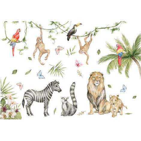 Stickers Muraux Animaux de la Jungle Autocollants Muraux Mural Stickers Safari Singe pour Chambre Enfants Bébé Pépinière Salon 2PCS (1/5)