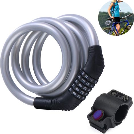 Antivol de vélo à câble enroulé, sécurisé, à combinaison réinitialisable, avec support de fixation (1/5)