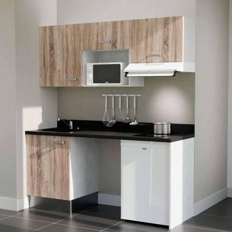 Kitchenette K55L - 180 cm - plan monobloc évier intégré Nero- évier à gauche - Façades Bois + Electroménager inclus coloris Blanc