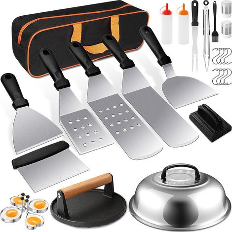 d’accessoires 29 pièces pour grill, ensemble d’accessoires barbecue à table plate pour les chefs Blackstone et de camp, ensemble de spatules barbecue avec spatule grossissante, couvercle de cuisson, (1/5)