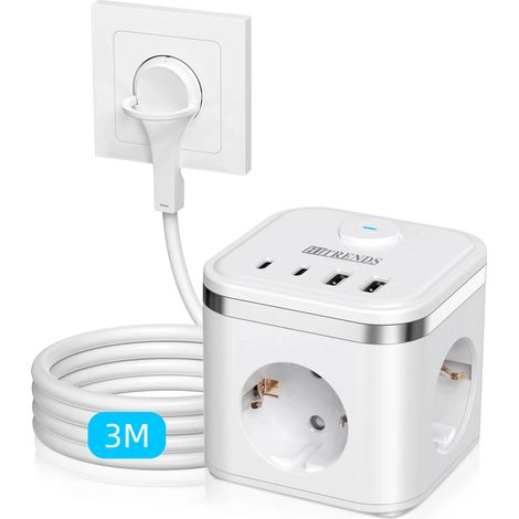 (3 m Blanc) Prise de charge de bureau multifonctionnelle 7 en 1, 3 chargeurs secteur + 4 chargeurs USB rapides (1/5)