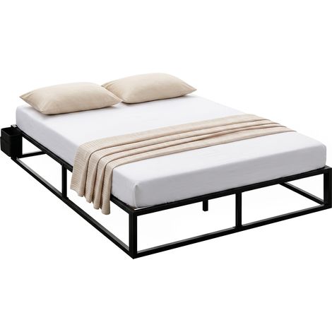 Cadre de Lit 140 x 190 cm avec Sommier, Lit Double avec Pochette de Rangement, Support à Lattes en Bois, Noir (1/5)