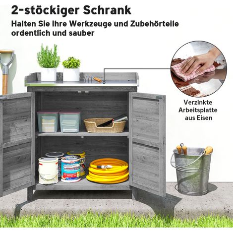 Armoire de jardin avec table de plantation, abri de rangement en bois avec plan de travail galvanisé, 2 étagères gris (1/5)