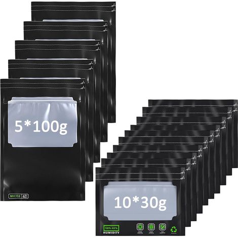 15 Pack Reusable Storage Bags - 10 x 30g + 5 x 100g - Airtight Storage Bags with Built in Moisture Control (58-62%) RH, Oxygen (1/5)
