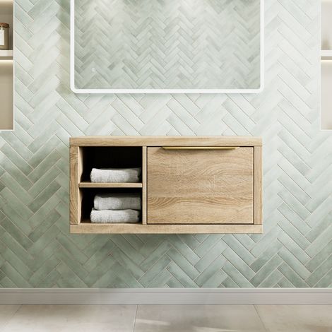 800mm Bathroom Vanity Unit Countertop Wall Hung With Shelves Brass Handle Oak Wood No Basin - LH Shelves (1/4)
