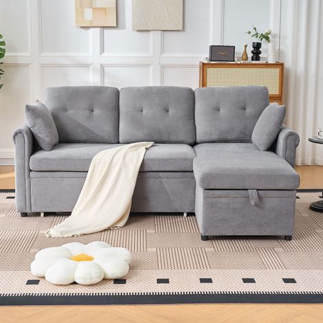 Divano letto a 3 posti - 206x130x85 cm - Divano letto con contenitore - in velluto grigio (1/5)