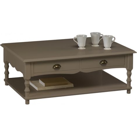 Beaux Meubles Pas Chers – Table basse taupe rectangle 100 x 70 cm – 2 tiroirs coulissants sur glissières métalliques – 4 pieds tournés en pin massif – Style anglais (1/5)