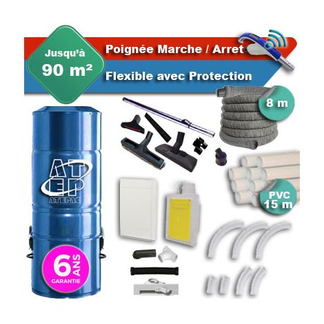 Aspirateur central hybride ATEPAC 70 GARANTIE 6 ANS + flexible rétractable 8 m avec housse de protection + poignée marche/arrêt + 7 accessoires + kit 1 prise RETRAFLEX + kit prise balai (rayon d'actio (1/5)
