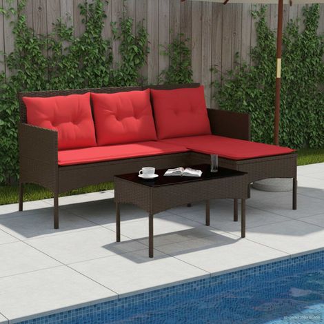 Gartensofa-set mit Kissen 2 pcs Braun und Rot Poly-Rattan