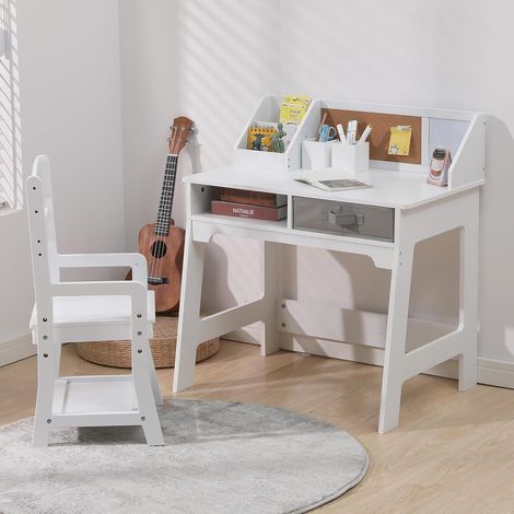 Bureau Compact pour Enfant avec Chaise Réglable - Avec Étagère de Rangement, Tableau en Liège et 2 Tiroirs Ouverts - 74x53 cm - Blanc (1/5)