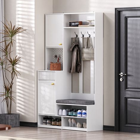 Perchero recibidor de MDF blanco con 4 ganchos, banco acolchado y armario, 100 x 35 x 180 cm (1/5)