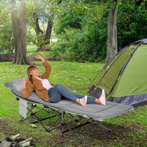 Lit de Camping Pliable avec Oreiller et Poche Latérale, Matelas Gris Clair, Charge Maximale 150 kg